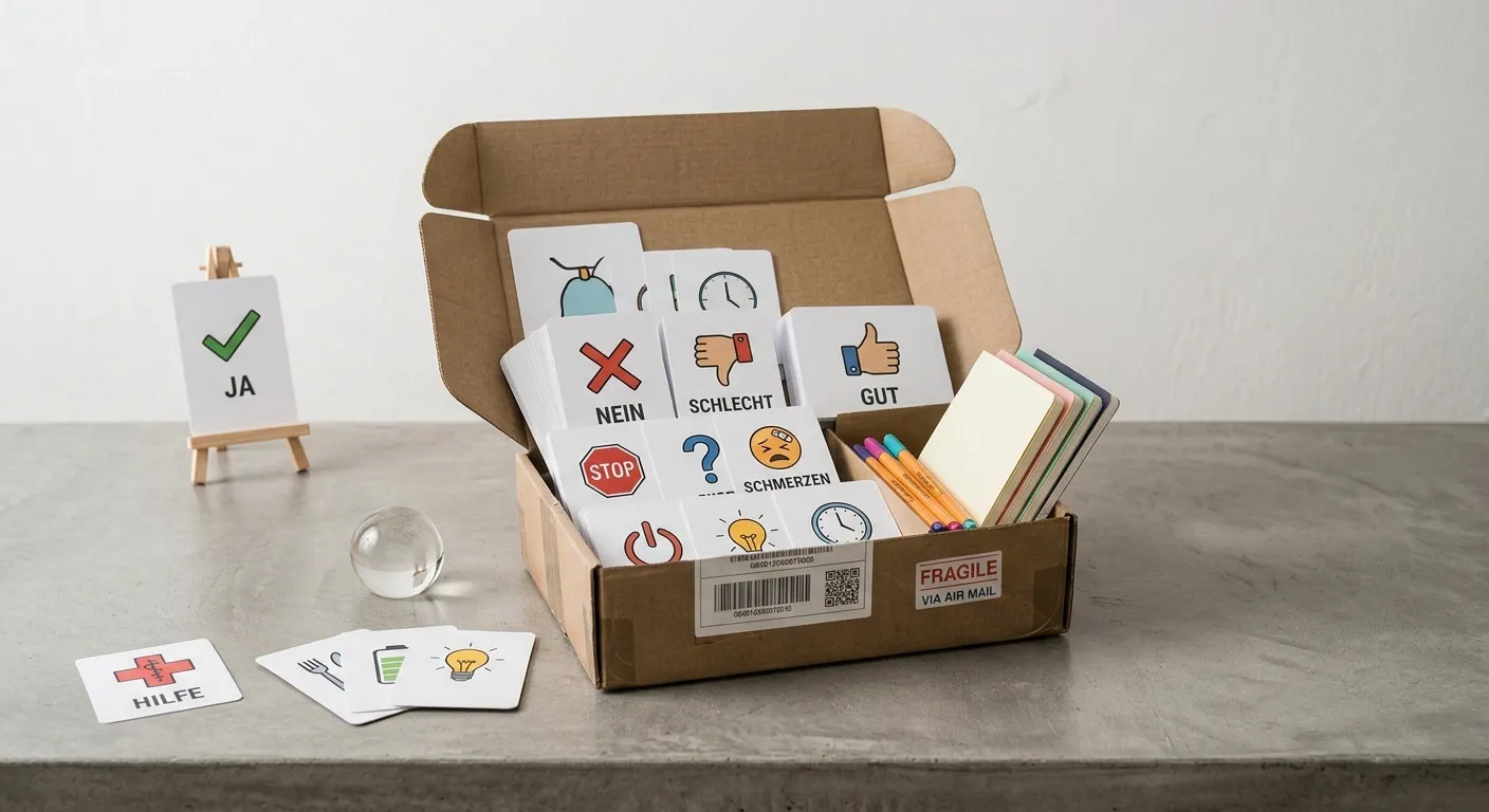 Materialpaket mit Kommunikationstafeln, Symbolkarten und Arbeitsmaterial im Versandkarton